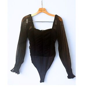 Bläshe Black Mesh Long Sleeve Smocked Bodysuit Sheer Ruffle Top - Small